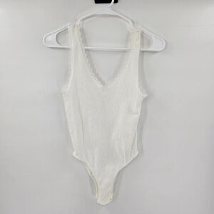 Aura bodysuit white stretchy vneck lace small one size